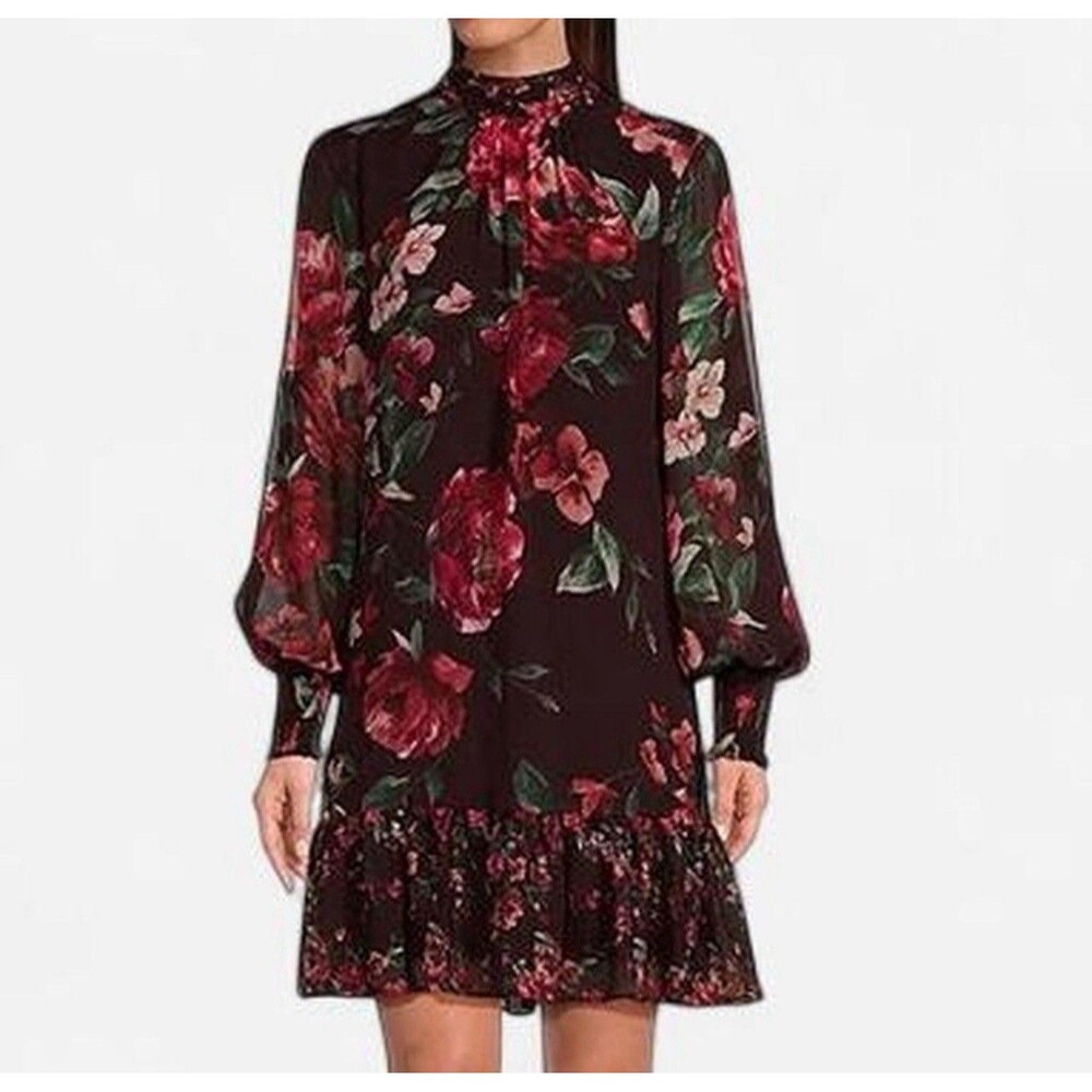 Alex Marie Tinsley Chiffon Floral Mock Neck Long Sleeve Mini Shift Dress Sz 4